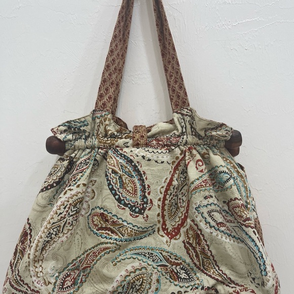 World Market Boho Cottagecore Paisley Wood Accents Satchel Handbag Purse - Picture 9 of 12